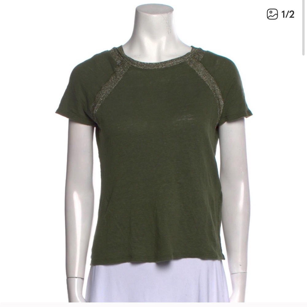 Maje Olive Green Metallic Linen Tee